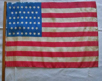 Rare 46 STAR AMERICAN FLAG Hand Held Parade Antique 1906 to 1912 Date Fragile Tattered Silk 12 by 16.5 on 16" Wood Stick Stars Pointing Down