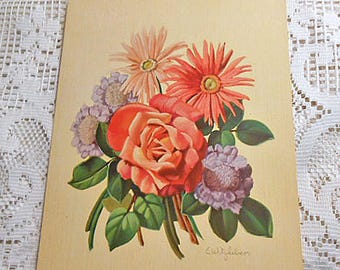 Daisy Rose & Scabiosa Litho Print  to Frame Pastel Bouquet Botanical Art Cottagecore Decor