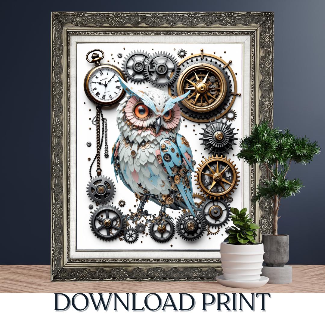 Digital Art Poster, Clockwork Owl Fantasy, Steampunk Animal Wall Art, Mechanical Gears and Timepiece