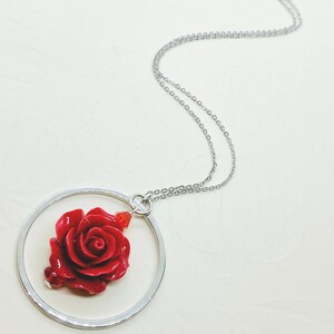 Circular rose pendant necklace, 30 inch silver necklace, Red rose silver necklace, circle chain, silver circular chains, Eclipse pendant,