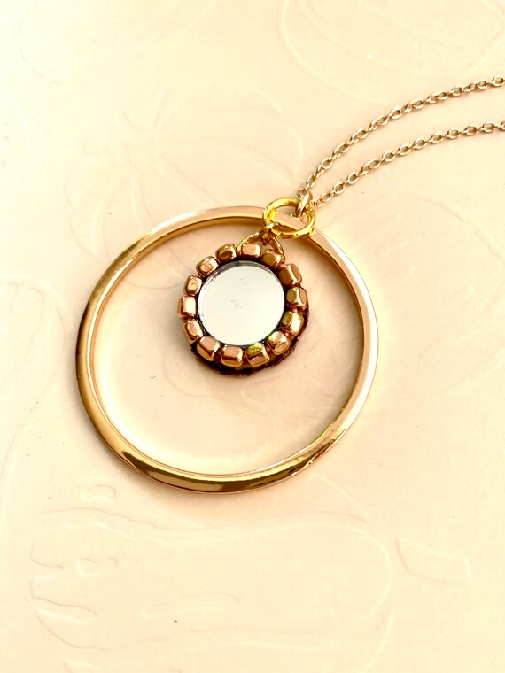 Mirror Pendant Necklace Circular 30 Inch Gold Necklace Gold
