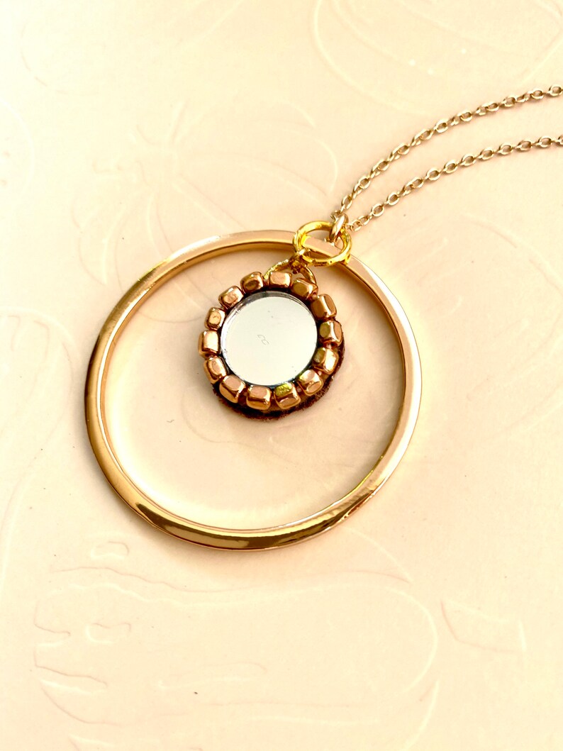 Mirror Pendant Necklace, Circular 30 Inch Gold Necklace, Gold Plated