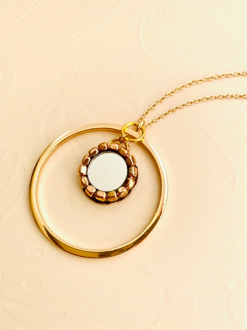Mirror Pendant Necklace, Circular 30 Inch Gold Necklace, Gold Plated
