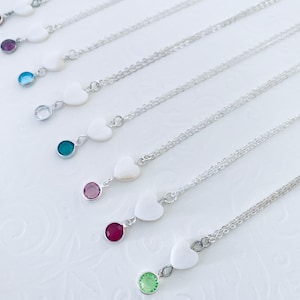 Heart Birthstone necklaces, birthstone charm necklace, mother of Pearl heart , birthday stone  gift ideas, gifts for her,  necklace,