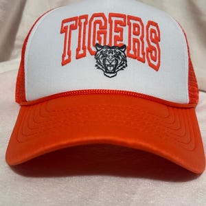 TIGERS Puff Embroidered Trucker Hat – Orange & White Mesh Cap | Retro Sports Style | Game Day Gear