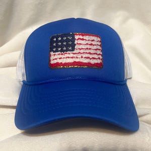 Patriotic Snapback Trucker Hat with chenille American Flag.