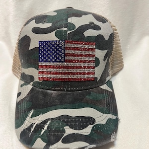 Rhinestone Patriotic Camouflage Vintage Mesh Trucker Hat-Snapback 4th of July Trucker Hat with Hat Pin