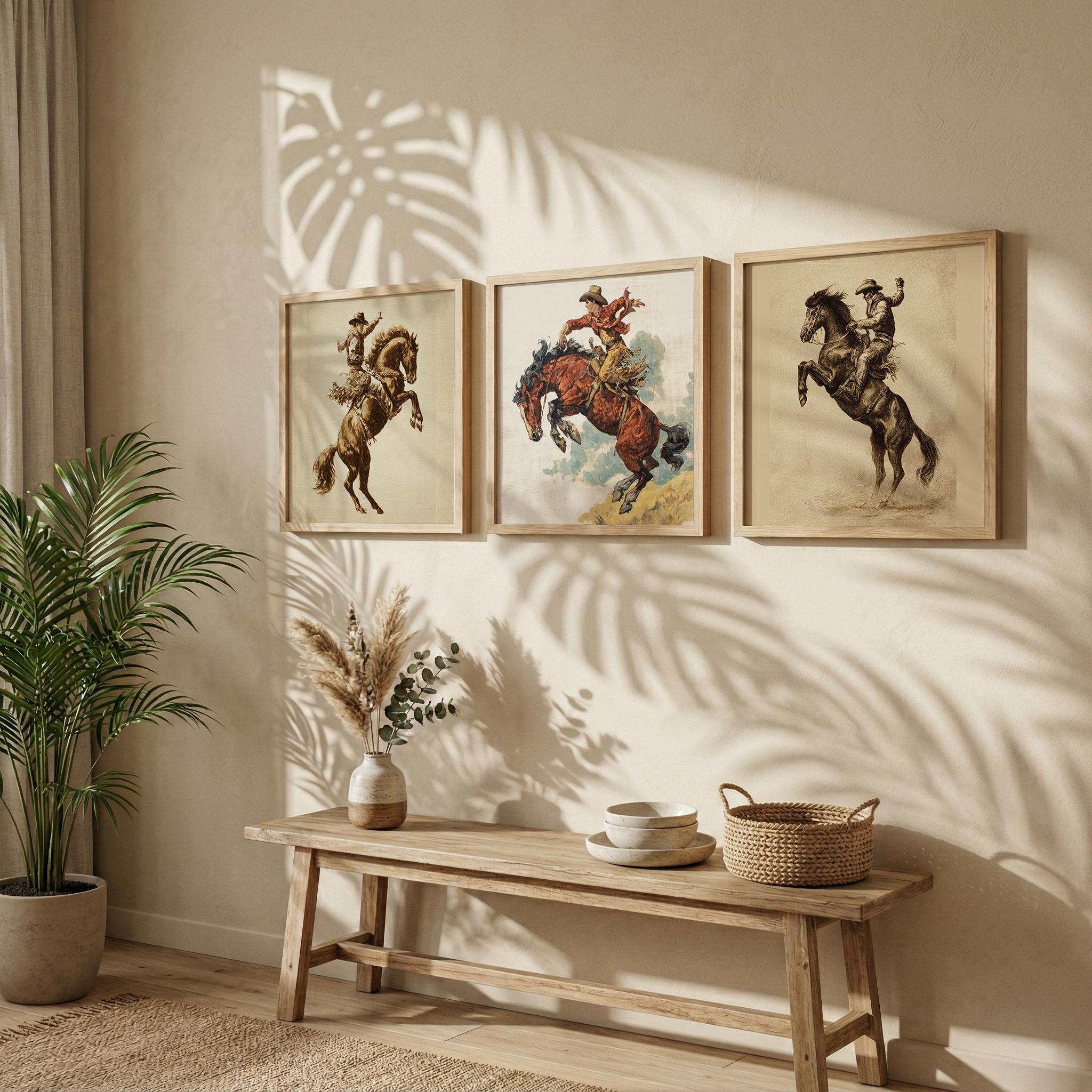 Cowboy Wall Art Set of 3, Rodeo Horse Prints, Western Farmhouse Decor ...