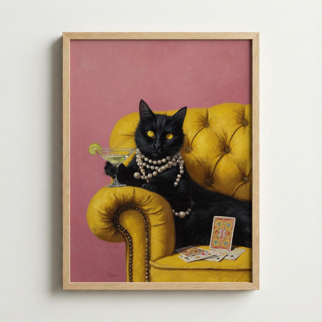 Black Cat Luxury Wall Art, Elegant Cat Poster, Pink Yellow Aesthetic ...