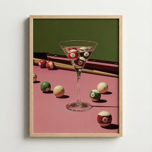 Billiard Balls Martini Glass Art | Surreal Pool Table Painting | Pink Game Room Wall Decor | Fun Bar Cart Poster | Quirky Sportsman Gift