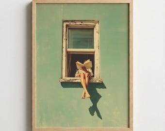 Amateur de lecture lisant dans des oeuvres d'art | Peinture à l'huile minimaliste fille lisant | Décoration murale verte de mauvaise humeur | Cadeau de bibliothécaire esthétique | Art de la vie tranquille