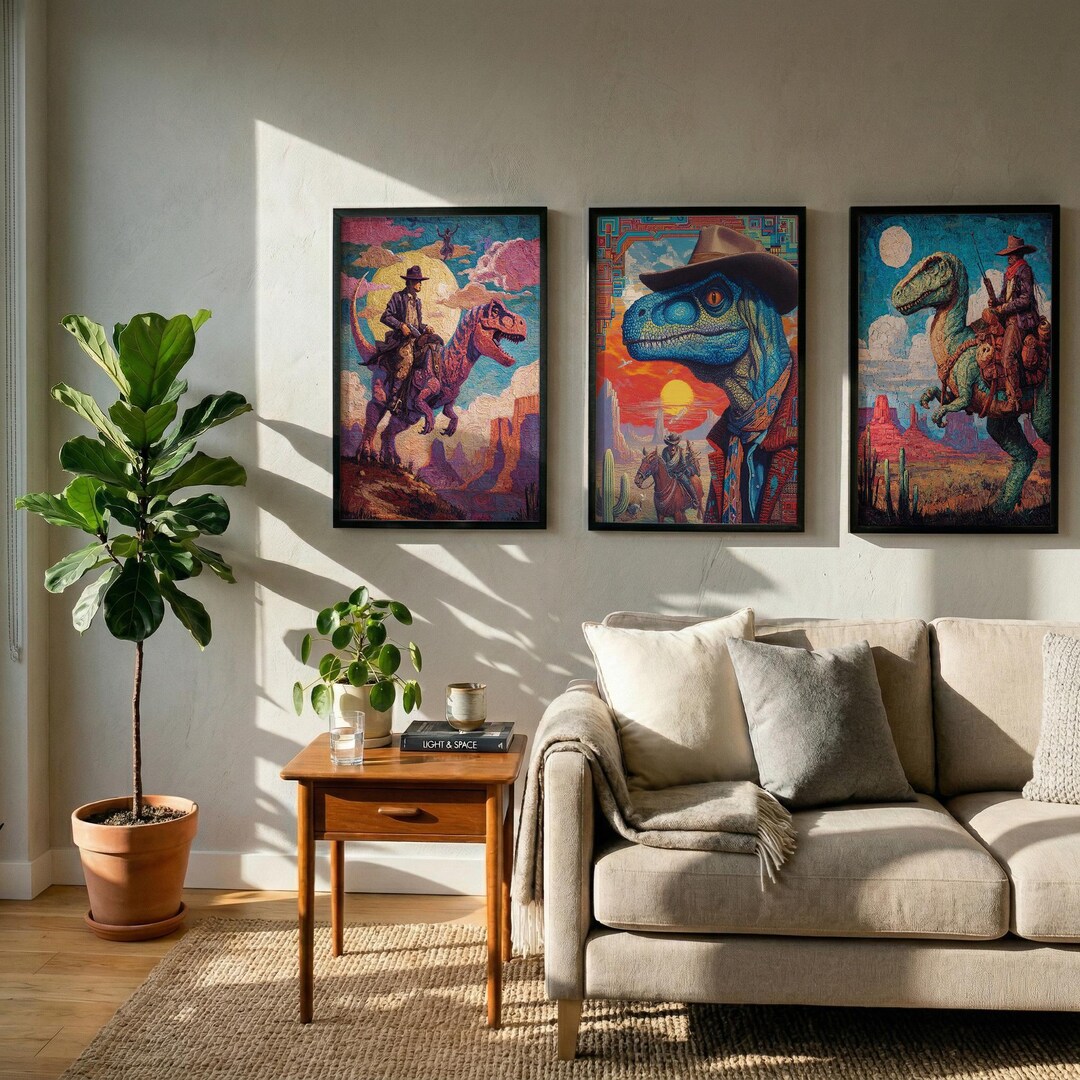Dinosaur Wall Art Set of 3, Cowboy Riding T Rex Prints, Surreal Western ...