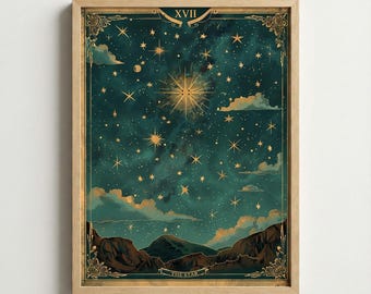 May include: A framed art print of a celestial scene. The artwork features a teal and gold color palette with a starry night sky, mountains, and clouds. The text "XVII" and "THE STAR" are visible.