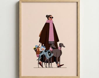 Poster Fashion Girl with Greyhound Dogs, impression d'art lévrier italien, illustration femme chic, cadeau moderne pour amoureux des animaux de compagnie