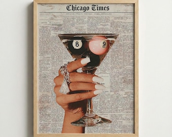 Vintage Newspaper Art Martini Print | Retro Chicago Times Wall Decor | Billiard Ball Cocktail Poster | Trendy Bar Cart Art | Eclectic Gift