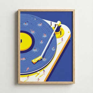 Surrealistisk vinylskivakonst med pool | Retro skivspelare som simmar illustration | Väggdekoration för musikälskare | Minimalistisk popkonst-affisch | Kreativ present