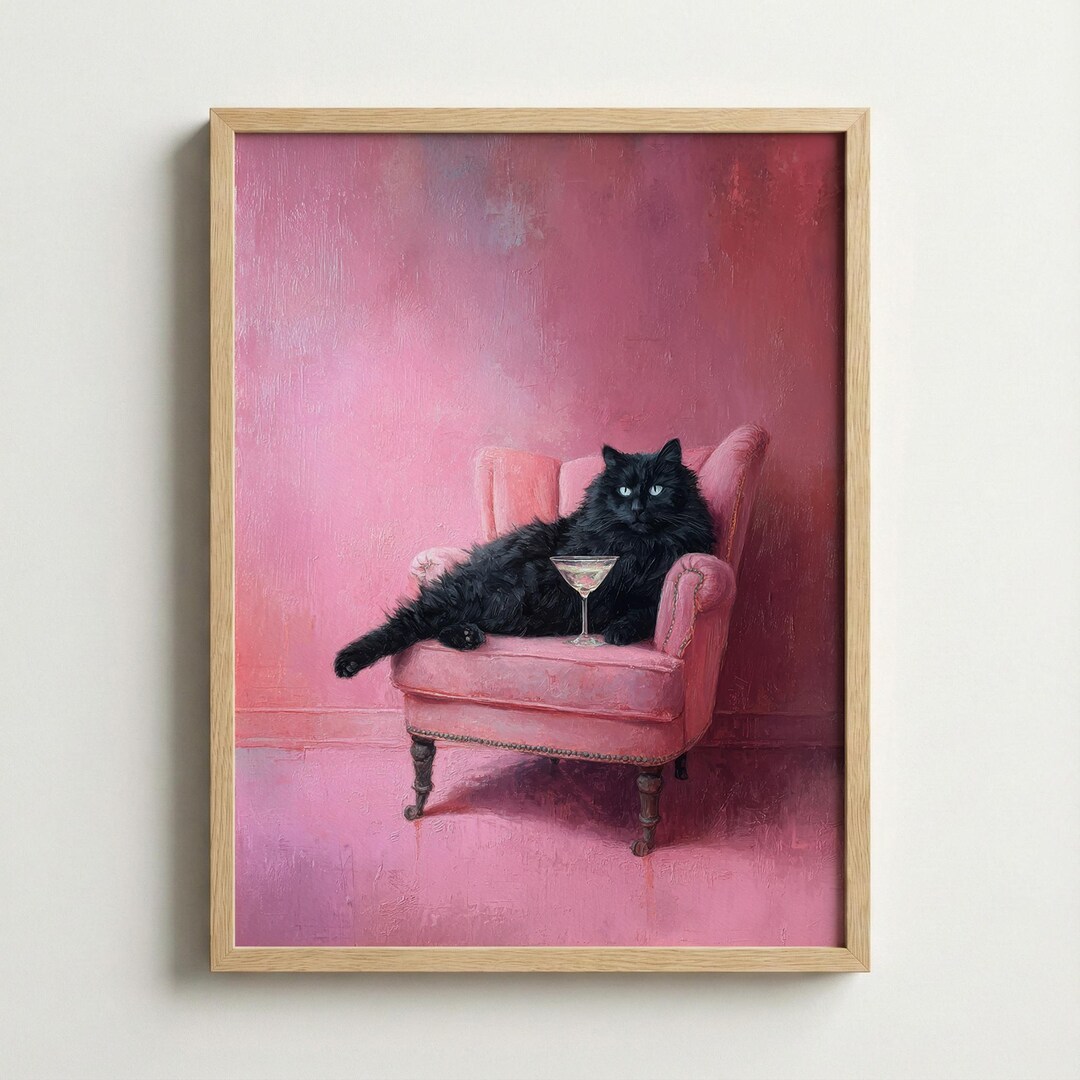 Black Cat Wall Art Pink Aesthetic Poster, Cute Cat Print, Girly Room ...