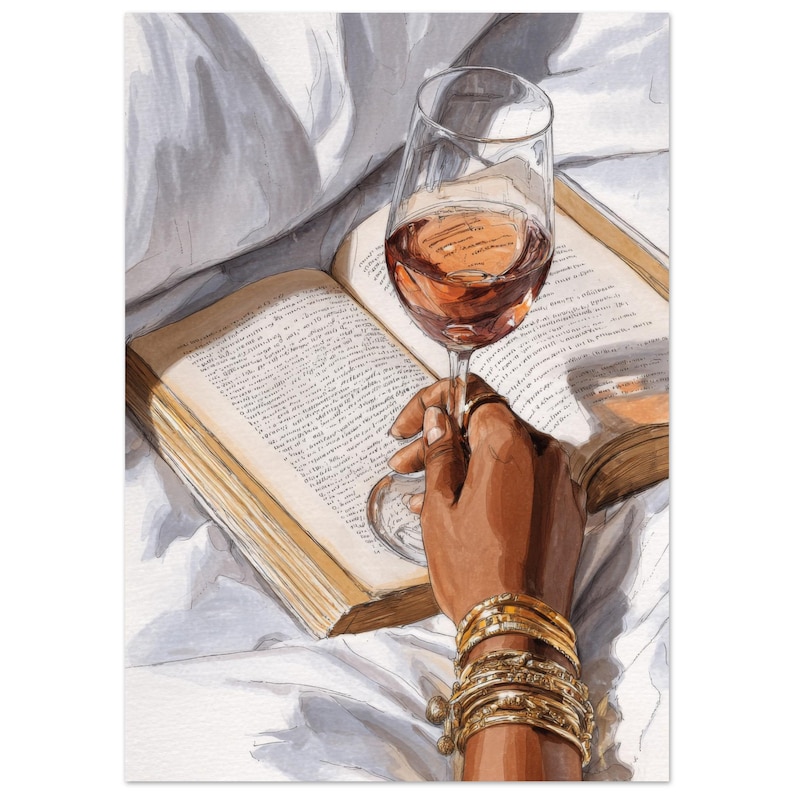 Cozy Reading Aesthetic Wall Art, Wine and Book Illustration, Feminine Bedroom Decor, Relaxing Lifestyle Poster, Gold Jewelry Detail Print image 8