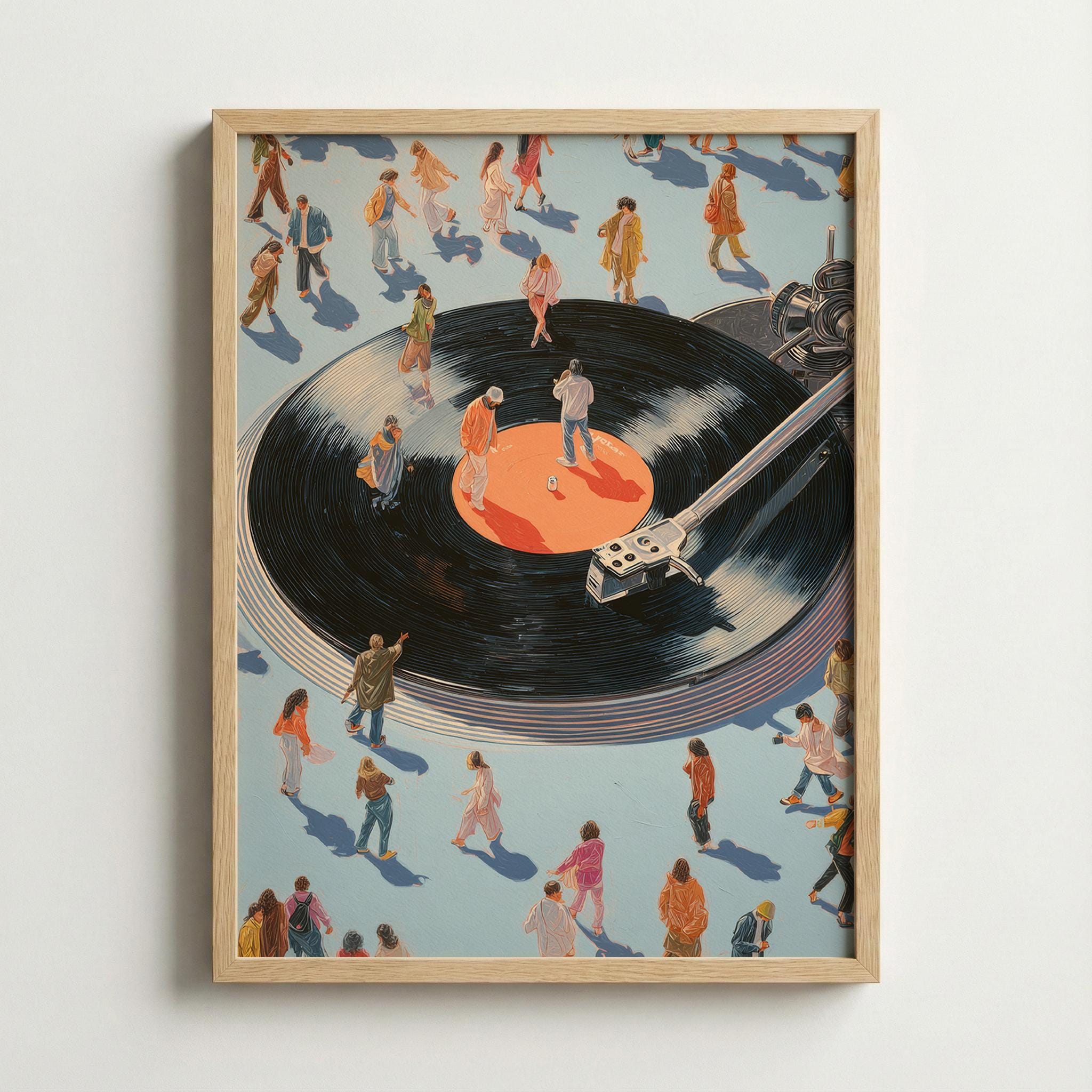 Surreal Vinyl Record Plaza Art | Modern Music Lover Illustration