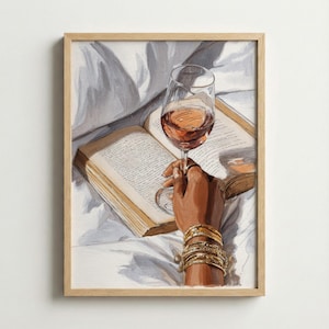 Cozy Reading Aesthetic Wall Art, Wine and Book Illustration, Feminine Bedroom Decor, Relaxing Lifestyle Poster, Gold Jewelry Detail Print