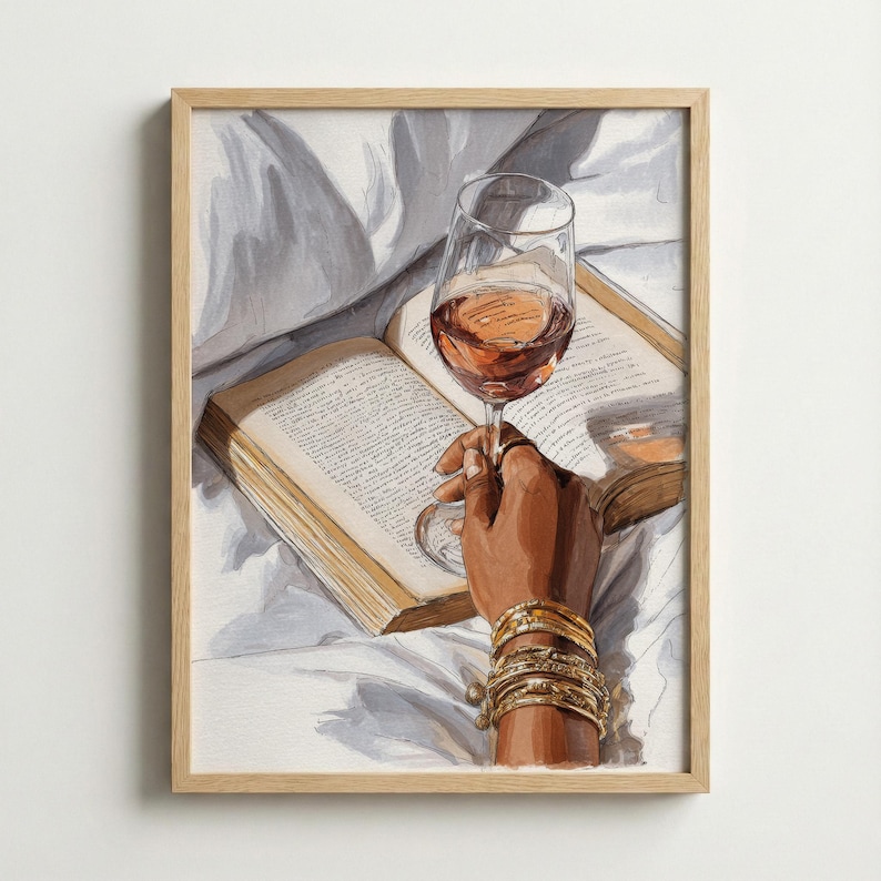 Cozy Reading Aesthetic Wall Art, Wine and Book Illustration, Feminine Bedroom Decor, Relaxing Lifestyle Poster, Gold Jewelry Detail Print