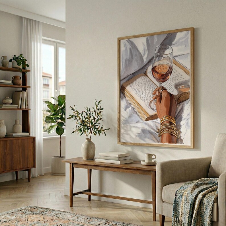 May include: A framed artwork depicts a hand holding a wine glass over an open book. The hand is adorned with gold bracelets. The artwork is in a room with a wooden bench, a vase with greenery, and a bookshelf.