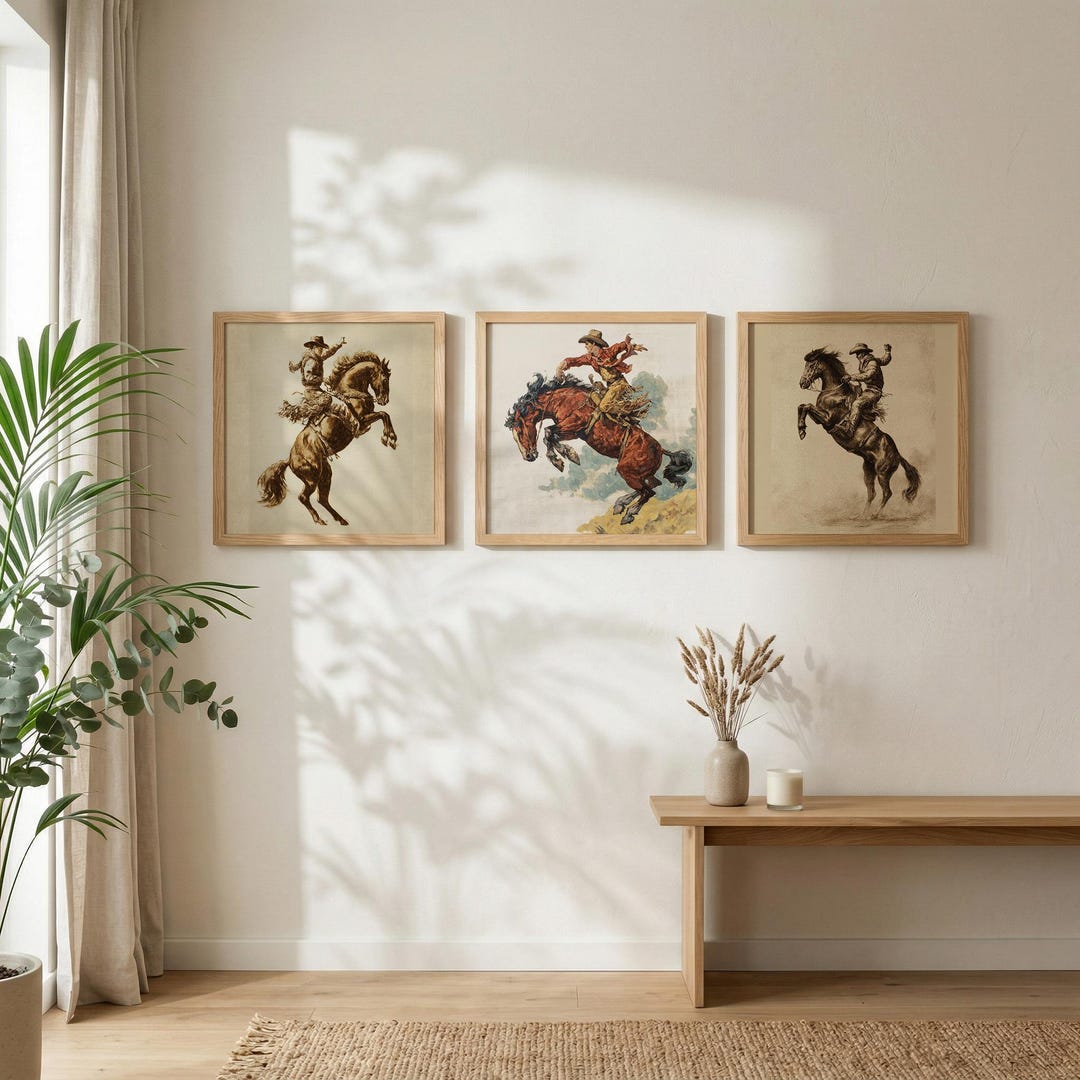 Cowboy Wall Art Set of 3, Rodeo Horse Prints, Western Farmhouse Decor ...