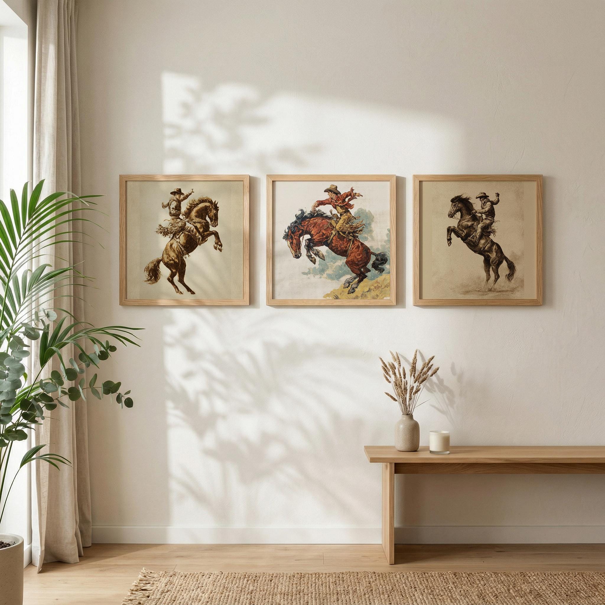 Cowboy Wall Art Set of 3, Rodeo Horse Prints, Western Farmhouse Decor ...