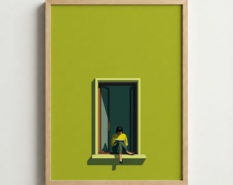 May include: A framed art print featuring a person sitting in a window, reading a book. The artwork has a minimalist style with a lime green background and a wooden frame. The person is wearing a yellow sweater and green pants.