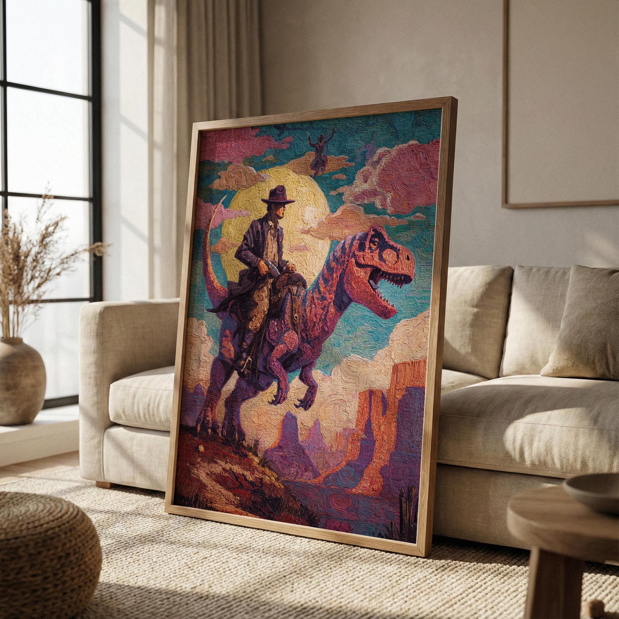 Cowboy Riding T-rex Dinosaur Wall Art | Surreal Impressionist Oil ...