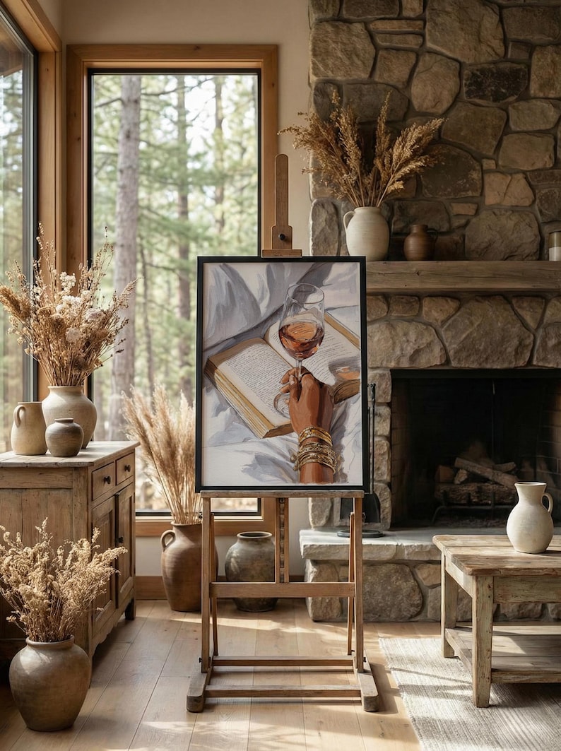 May include: A framed artwork on an easel depicts a glass of wine held over an open book. The painting features a hand adorned with gold bracelets. The room has a rustic aesthetic, with a stone fireplace, wooden furniture, and dried floral arrangements.