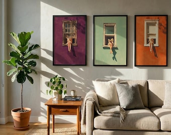 Ensemble de 3 oeuvres d'art mural femme lisant, cadeau pour amateur de livres, ensemble d'impressions de scènes de fenêtre, décoration aux couleurs sombres, affiche de bibliothèque esthétique