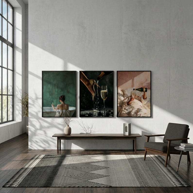 Lot de 3 oeuvres d'art murales champagne, décoration glamour luxueuse, ensemble d'affiches de mode, oeuvres d'art à talons hauts, impressions de salle de bain de chambre à coucher image 7