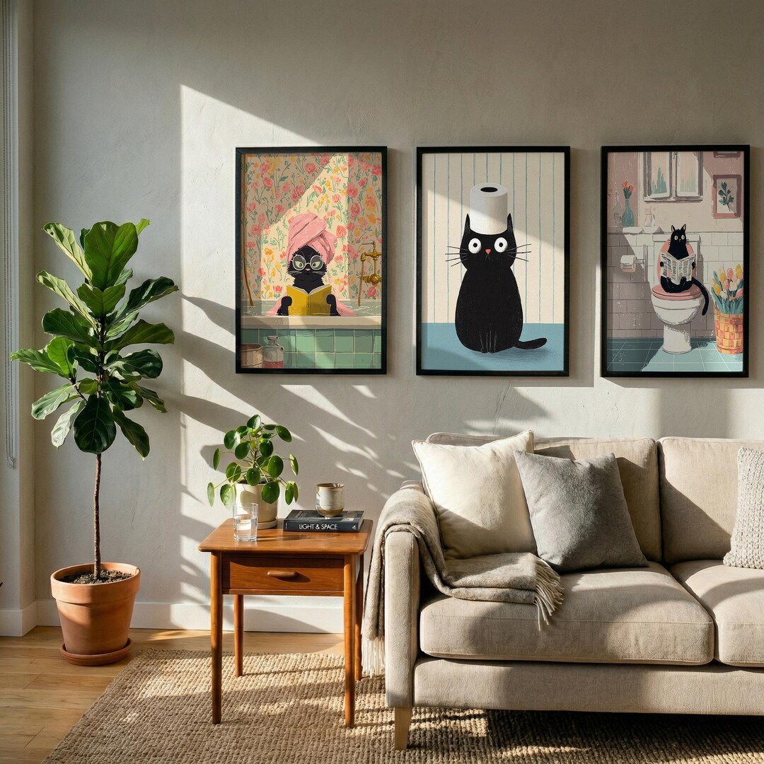 Funny Cat Bathroom Wall Art Set of 3, Black Cat Toilet Prints, Vintage ...