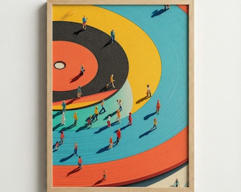 Impression d'art surréaliste de disque vinyle | Décoration murale colorée pour mélomane | de personnes miniatures abstraites | Art moderne de style Bauhaus