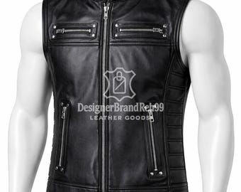 Men's Black Genuine Leather Biker Vest, Sleeveless Motorcycle Vest