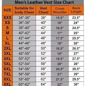 May include: A size chart for men's leather vests, with measurements in inches. The chart includes sizes from XXS to 9XL, detailing body chest, vest chest, cross shoulder, and back length measurements for each size.