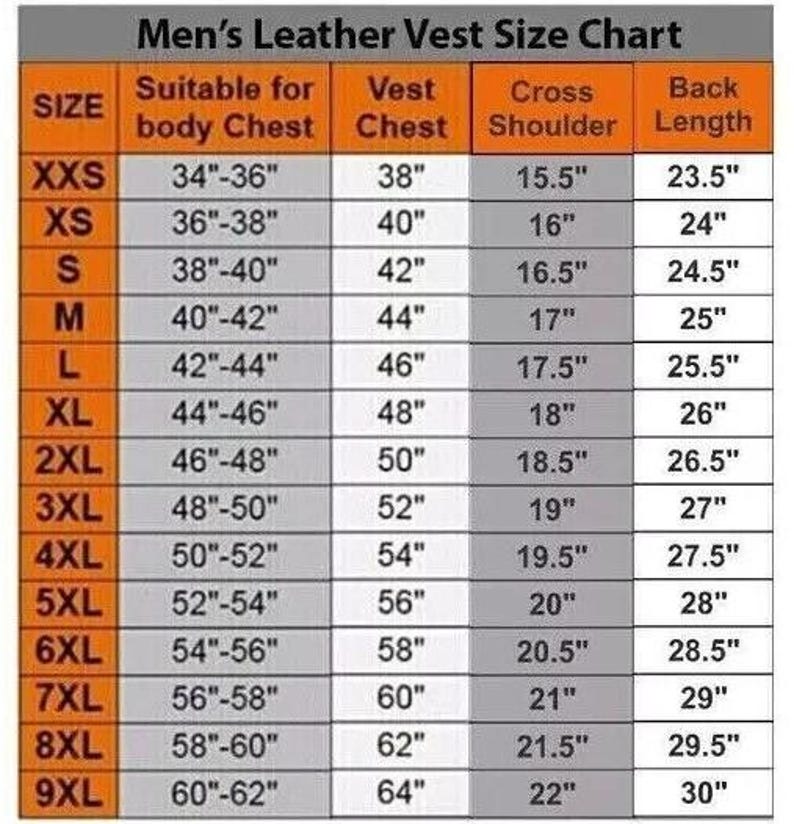 May include: A size chart for men's leather vests, with measurements in inches. The chart includes sizes from XXS to 9XL, detailing body chest, vest chest, cross shoulder, and back length measurements for each size.