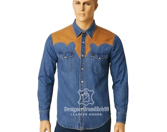 Camisa masculina estilo western em jeans | Pala em couro sintético bege, estilo cowboy