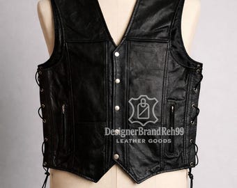 Handmade Black Leather Biker Vest | Men's Motorcycle Waistcoat