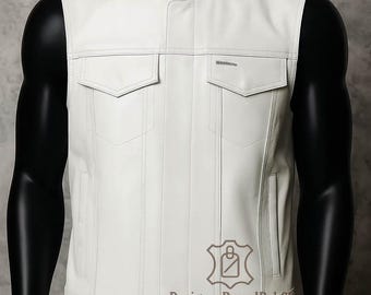 Men’s White Leather Sleeveless Vest | Classic Motorcycle Style Men’s Biker Vest