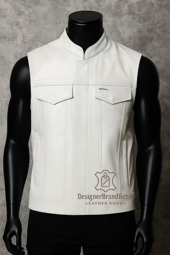 Men’s White Leather Sleeveless Vest | Classic Motorcycle Style Men’s Biker Vest