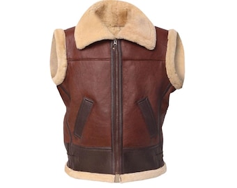 Handmade Men's Real Leather Art Shearling Fur Vest Sheepskin Leather Jacket For Men