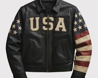 Handmade American Flag Leather Motorcycle Jacket: Patriotic Biker Coat