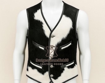 Men’s Cowhide Leather Vest, Black White Fur Waistcoat, Western Style Biker Vest