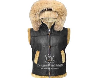 Men’s Black Faux Shearling Hooded Vest | Handmade Aviator Style