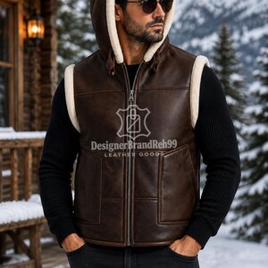 Dark Brown Hooded Shearling Vest for Men – Faux Leather Winter Sleeveless Jacket