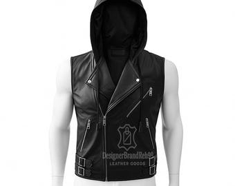 Handmade Men's Black Leather Biker Vest with Detachable Hood