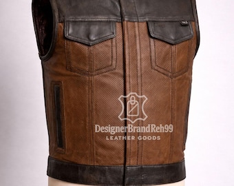 Handmade Brown & Black Leather Biker Vest | Men's Motorcycle Riding Vest