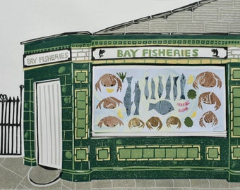 Original linoprint and collage of historical shop front at Robin Hoods Bay, Yorkshire coast, limited edition, green glazed tile fish shop